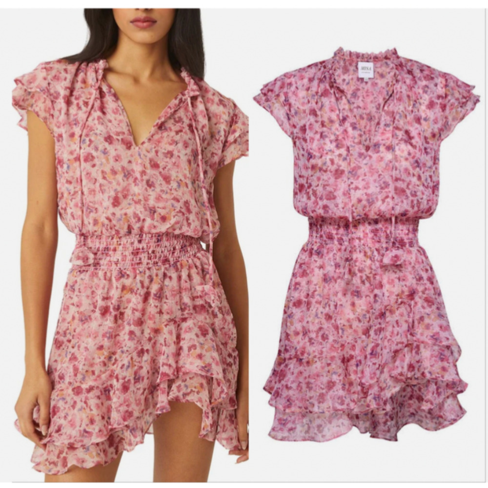 Misa Los Angeles XS Maia Floral Cinched Waist Mini Dress Summer Ditsy Pink E12
